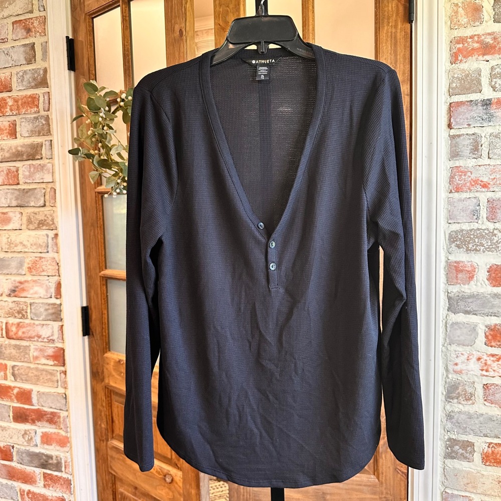 Athleta Sleep Top Women Black Waffle Knit Wind Down Henley Long Sleeve Soft XL